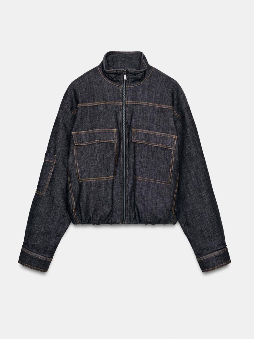 Zara dark denim puffer high collar bomber jacket